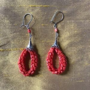 silver and coral beaded bohemian earrings